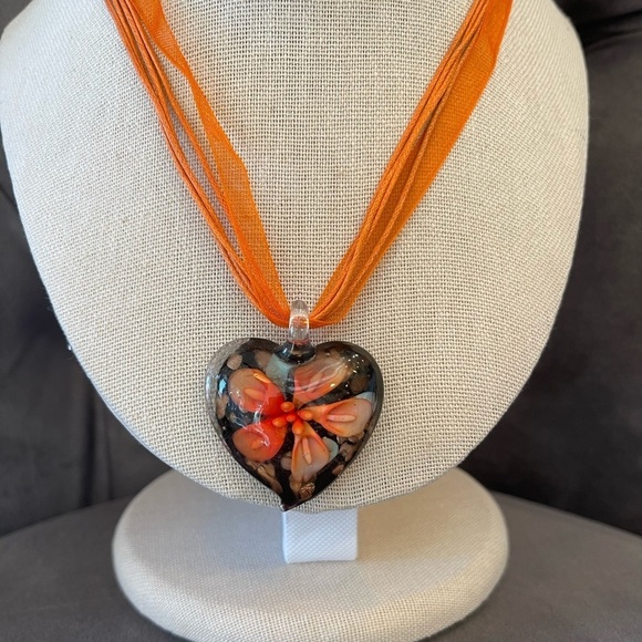 Blown Art Glass Tear Drop Pendant With Yellow Ribbon Necklace - Picture 1 of 3